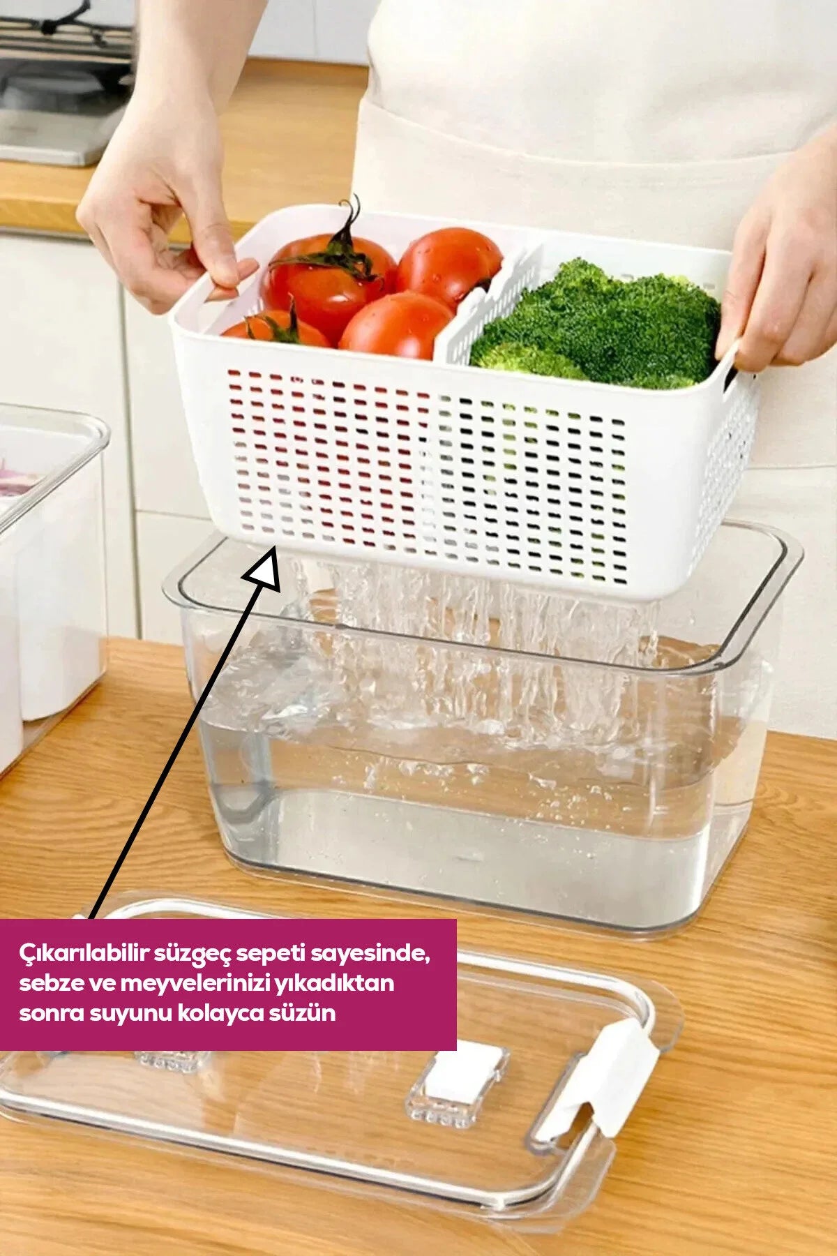 2,5 Litre Süzgeçli Bölmeli Organizer Buzdolabı Hava Geçirmez Saklama Kabı
