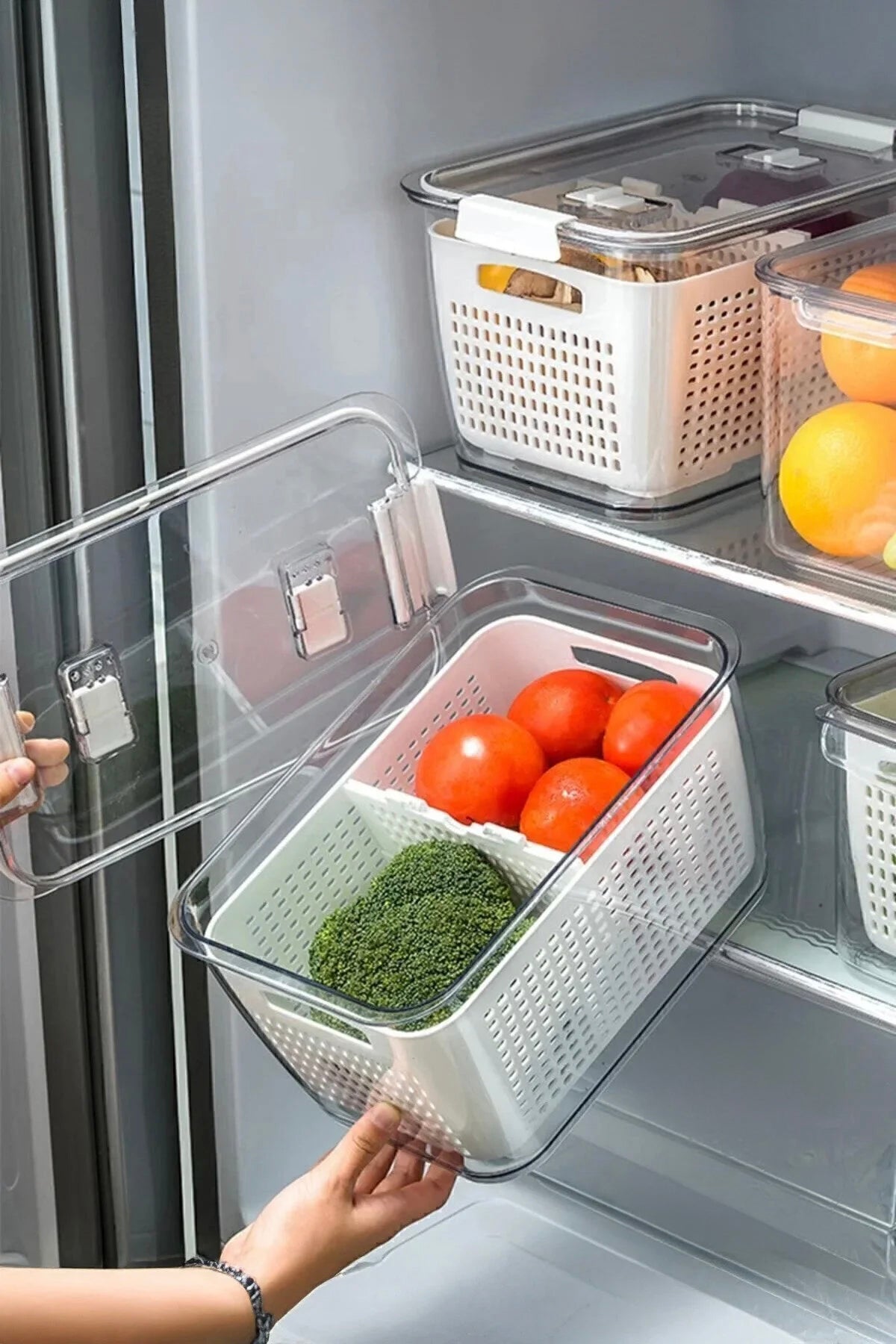 2,5 Litre Süzgeçli Bölmeli Organizer Buzdolabı Hava Geçirmez Saklama Kabı