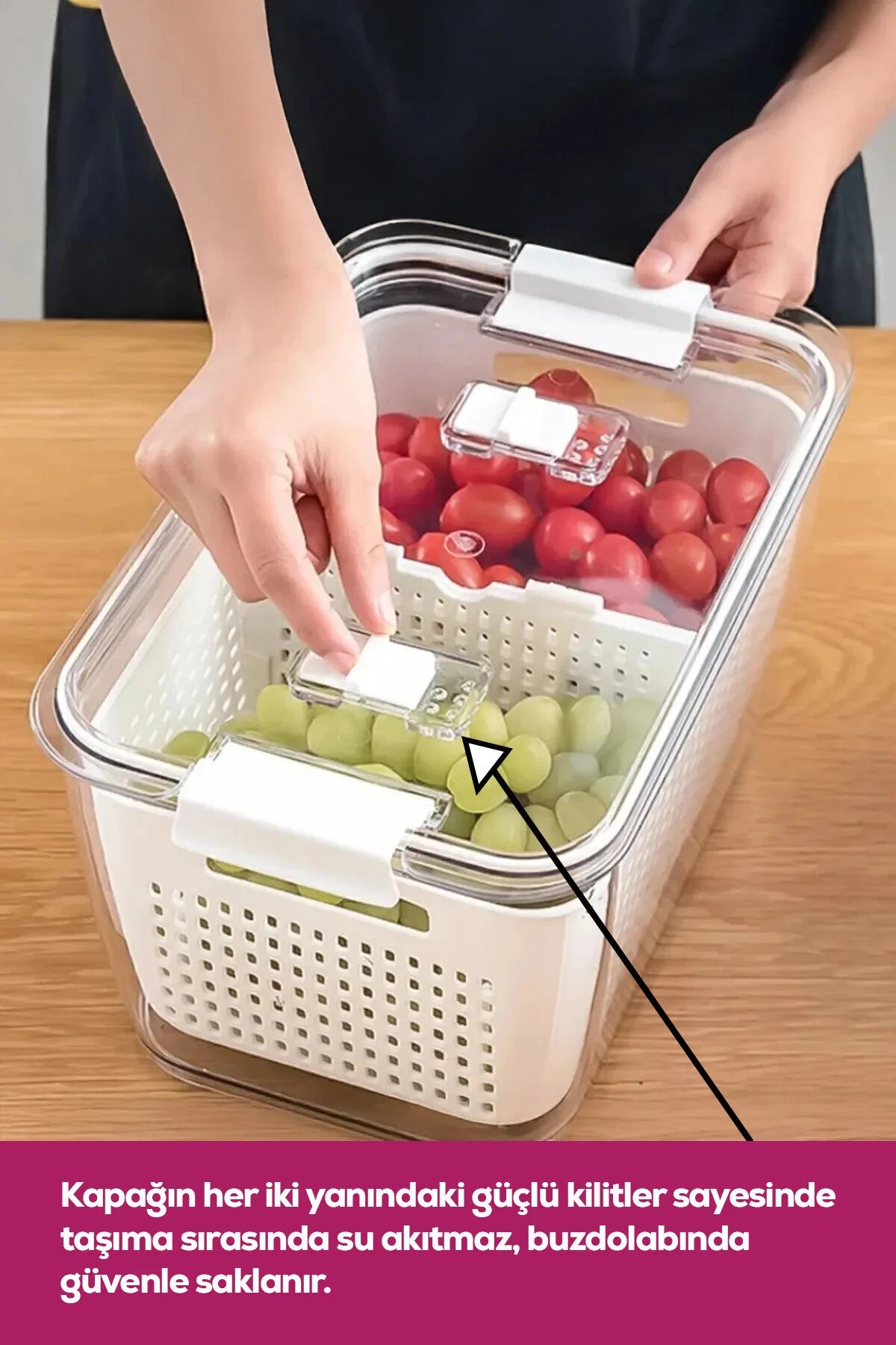 2,5 Litre Süzgeçli Bölmeli Organizer Buzdolabı Hava Geçirmez Saklama Kabı