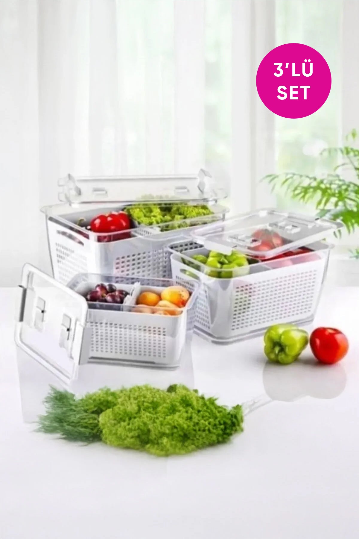 3'lü Set (2,5 Lt, 5 Lt, 9 Lt) Süzgeçli Bölmeli Organizer Buzdolabı Hava Geçirmez Saklama Kabı