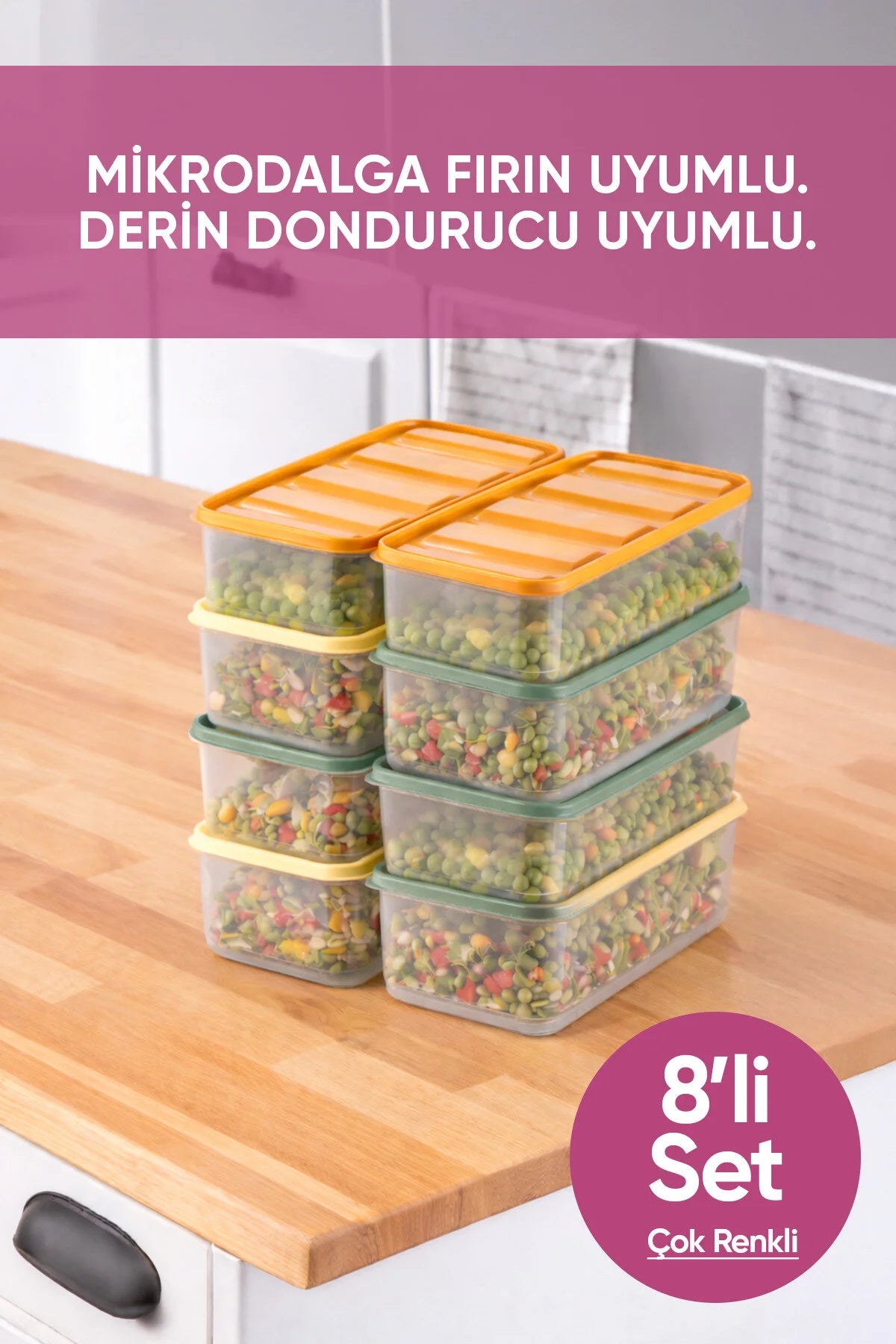 8'li 8X(1,65 Litre) Gıda Temasına Uygun Mikrodalga ve Difrize Uygun Saklama Kabı Seti