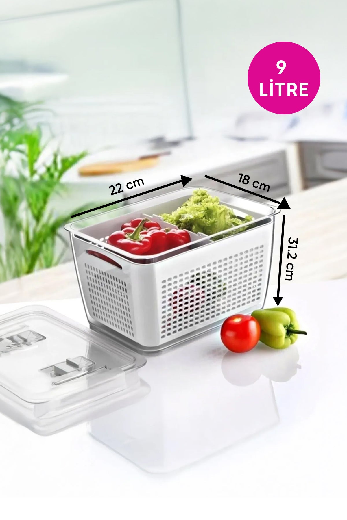 9 Litre Süzgeçli Bölmeli Organizer Buzdolabı Hava Geçirmez Saklama Kabı